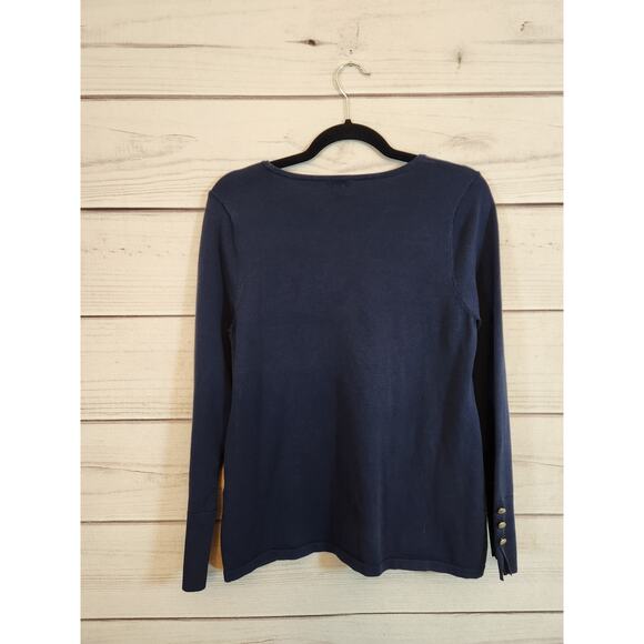 Chico's Women's Navy Blue Solid Round Neck Long Sleeve Pullover T-Shirt Size M - Picture 2 of 7
